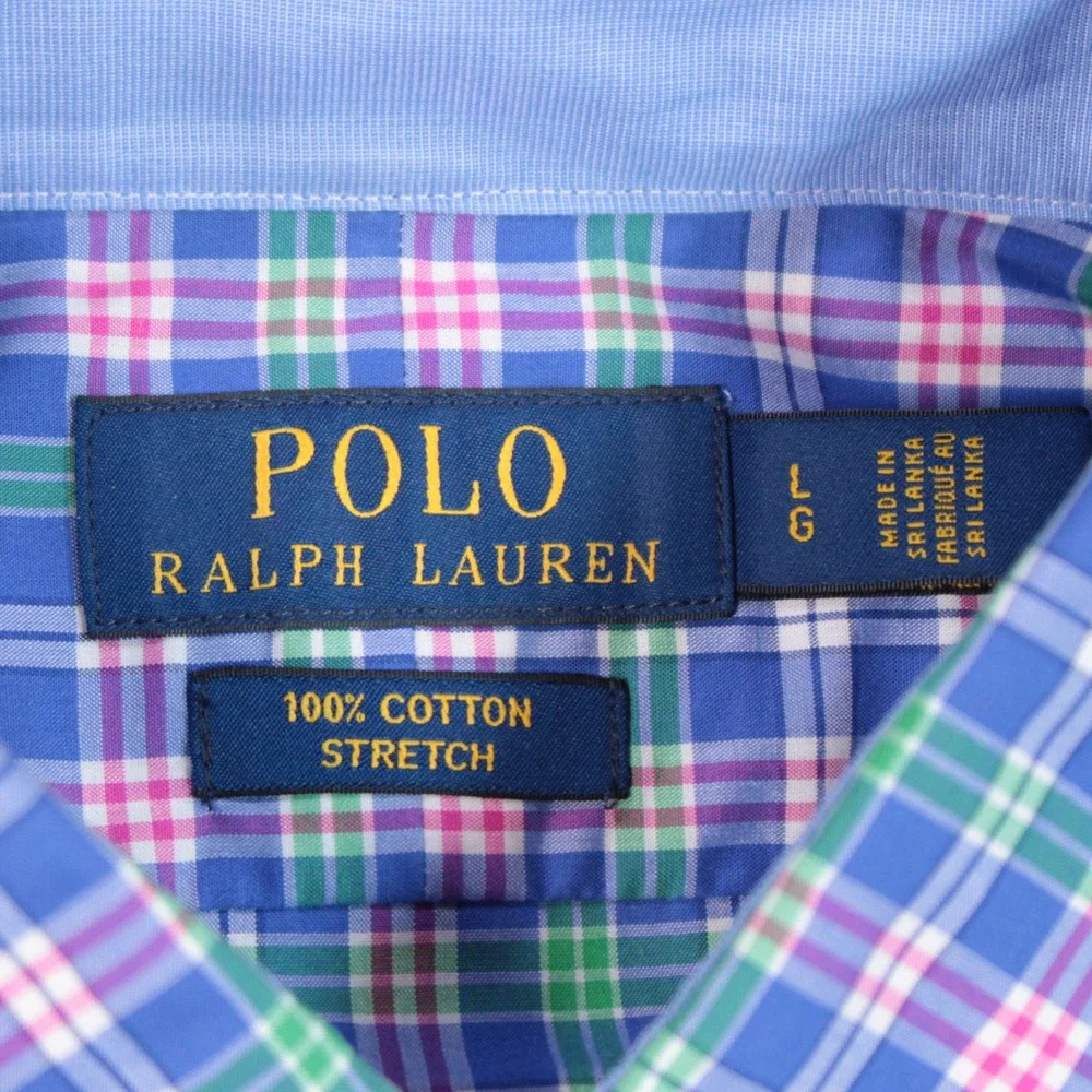 Polo Ralph Lauren Button Down Shirt Mens Large Blue Green Pink Plaid Stretch